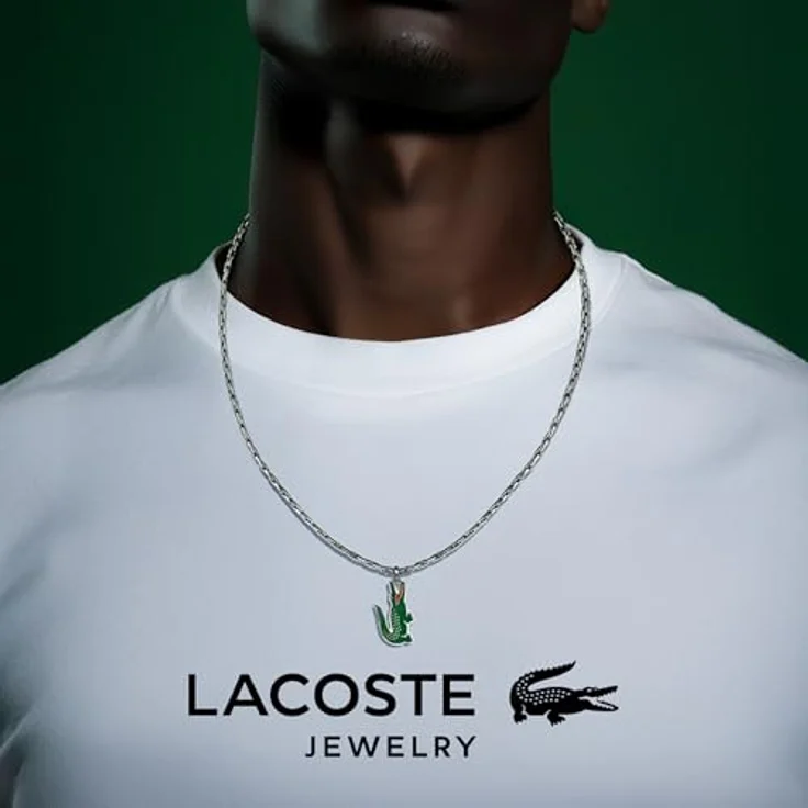 Lacoste ARTHOR Gliederhalskette für Herren, Panzer-Halskette aus poliertem Edelstahl, 55,8 cm, mit farbigem Emaille-Krokodil-Logo und Karabinerverschluss – Bild 4