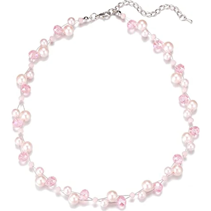 Bulinlin Damen Kristall Perlenkette, Silber Boho Statement Choker Halskette mit verlängerbarem Umfang, leicht rosa – Bild 1