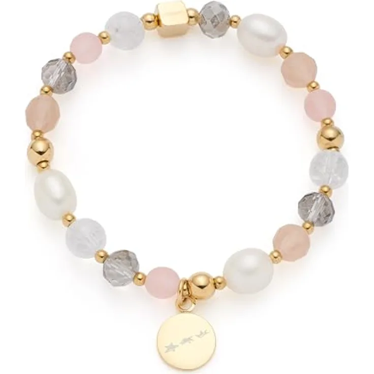 JEWELS BY LEONARDO Armband Hope, elastische Armkette aus goldfarbenem Edelstahl mit Glas-, Achat- und Süßwasserperlen, 19,5 cm, inklusive gravierbarem Anhänger, Schmuck Geschenk für Frauen, Modell 025930