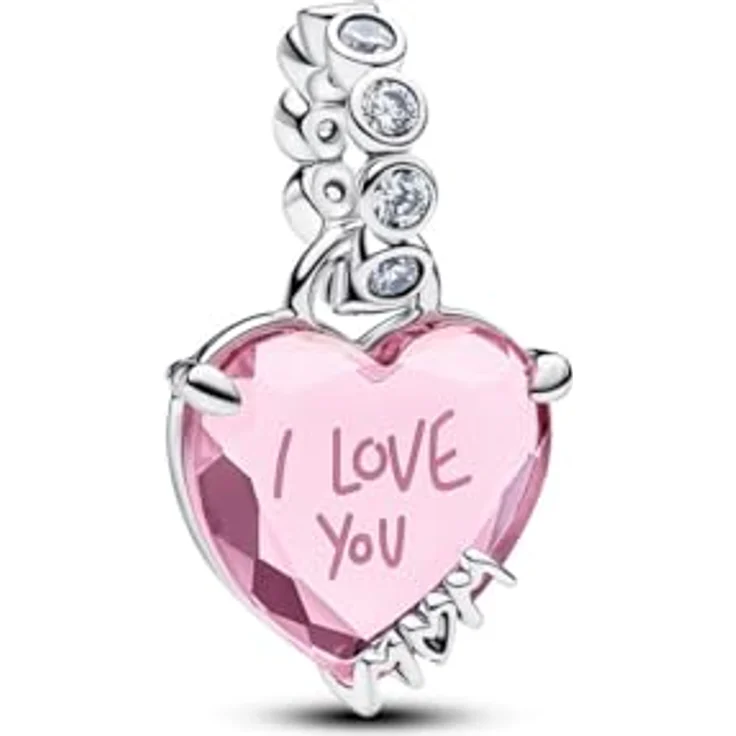 PANDORA Charm Herzanhänger Ich liebe dich Mama, 925 Sterling Silber mit rosa Zirkonia, Gravur MOM, kompatibel mit Moments ME, 794464C01 – Bild 1