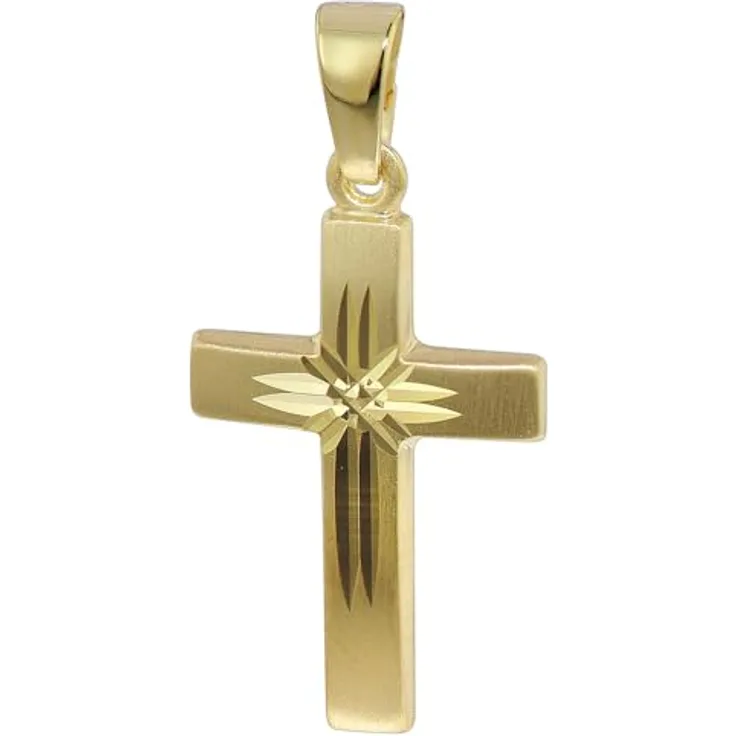 trendor Kreuz-Anhänger 333 Gold 19 mm, Damen Kettenanhänger aus warmem Gelbgold, seidenmatt und diamantiert, zeitlose Geschenkidee
