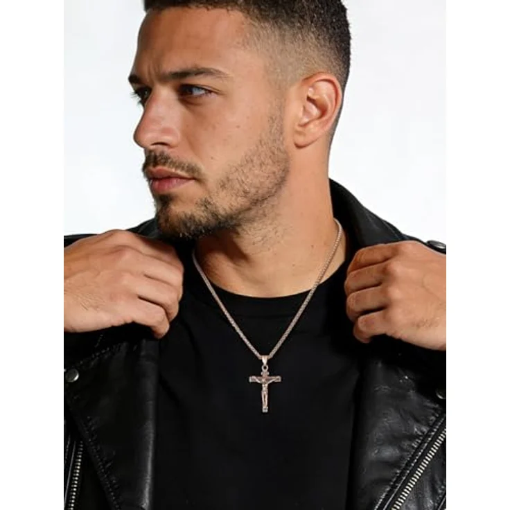 U7 Edelstahl Kreuz Halskette INRI Kruzifix Jesus Christus Anhänger, 55cm Rosegold vergoldet, Herren Modeschmuck – Bild 2