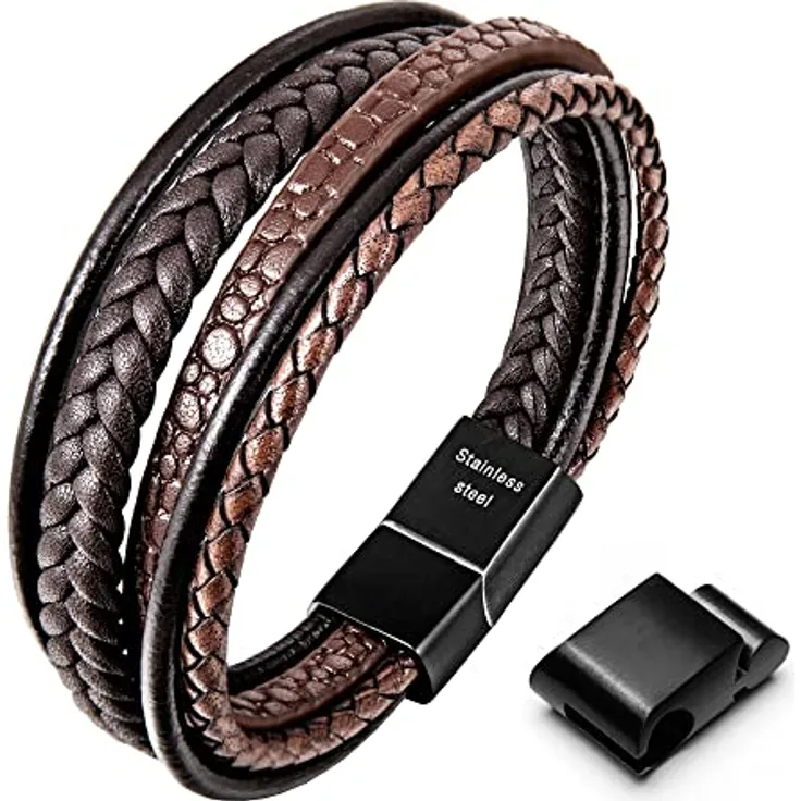 Speroto Lederarmband für Herren, geflochtenes Armband aus echtem Rindsleder und Edelstahl, braun, 23 cm