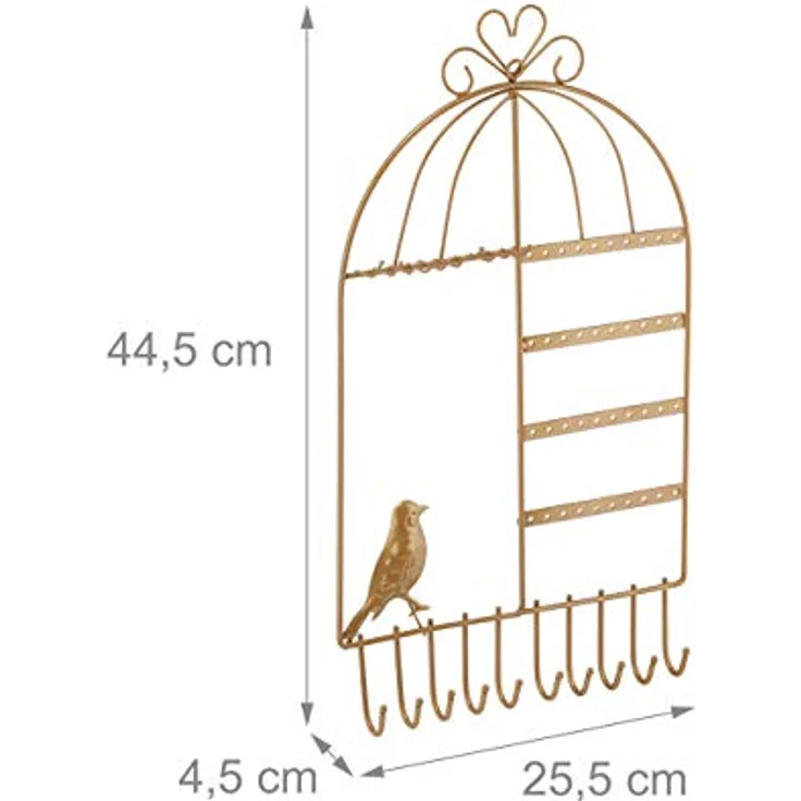Relaxdays Schmuckhalter Vogelkäfig, gold, für Ketten, Ohrringe & Armbänder, Wandmontage, HBT 44,5 x 25,5 x 4,5 cm, 20 Haken – Bild 4