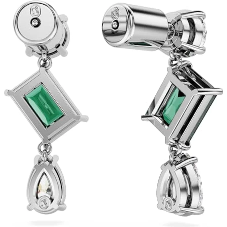 Swarovski Mesmera Drop-Ohrhänger, Grüne und Rhodinierte Hängeohrringe mit Swarovski Kristallen im Oktagon-Treppenschliff – Bild 4