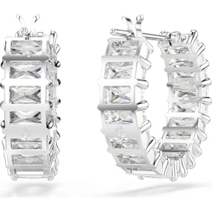 Swarovski Matrix Kreolen, Rhodinierte Ohrringe mit weißen Swarovski Zirkonia im Baguette-Schliff, 2 x 0.5 cm – Bild 4