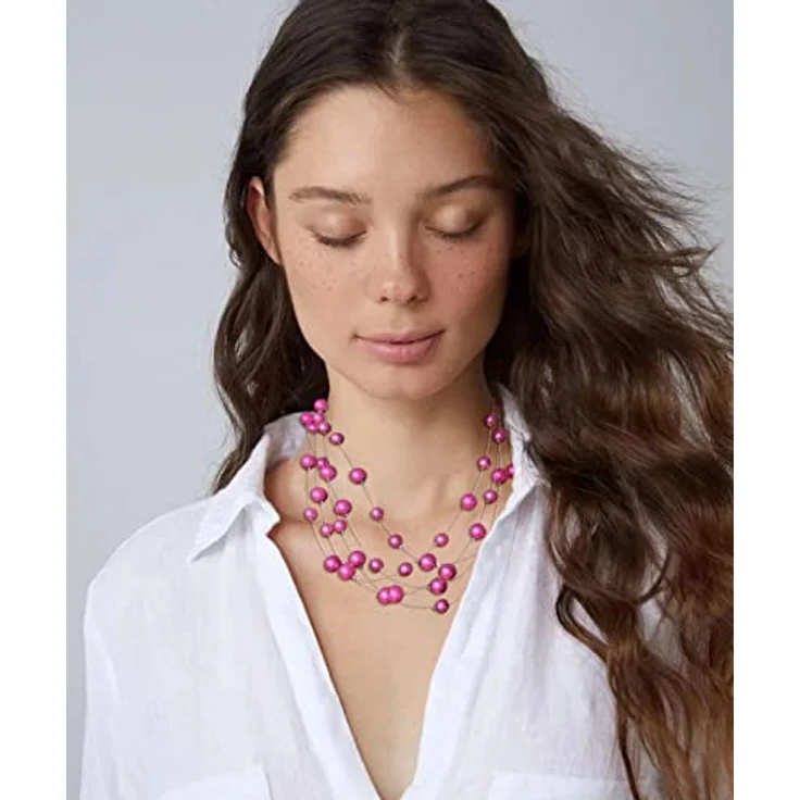 FULU AUTUMN Boho Perlenkette Damen, Mehrreihige Silber Statement Kette, 17 Zoll mit 2.7 Zoll Verlängerung, Hot Pink – Bild 4