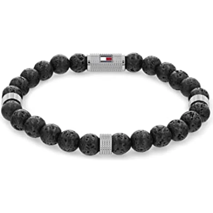 Tommy Hilfiger Jewelry Armband für Herren, Lavasteinperlen mit Edelstahlverschluss, 18,5 cm, Tommy Hilfiger-Flaggenlogo
