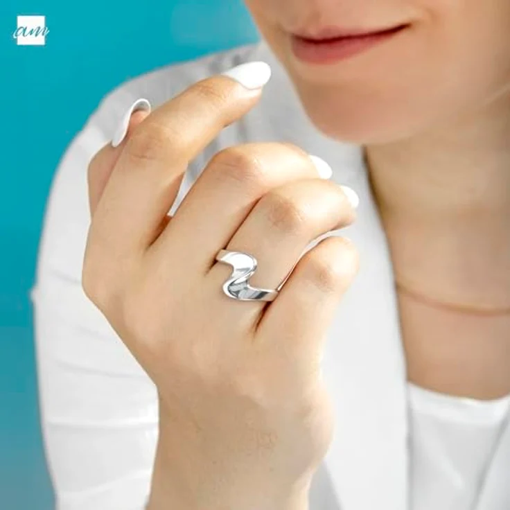 Amberta 925 Sterling Silber Wellenring, gewellter Daumenring in Größe 62.2, eleganter Stapelring für Damen – Bild 2