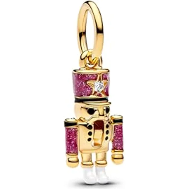 PANDORA Moments Beweglicher Nussknacker Charm-Anhänger, 14K vergoldete Metalllegierung mit Zirkonia, Weihnachtsmotiv, kompatibel mit ME und Moments, 763583C01