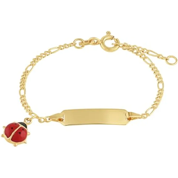Amor Identarmband Mädchen, Längenverstellbares Armband (12+2 cm) mit Marienkäfer-Anhänger aus 375er Gelbgold, Rot, in Geschenkbox, 2014262
