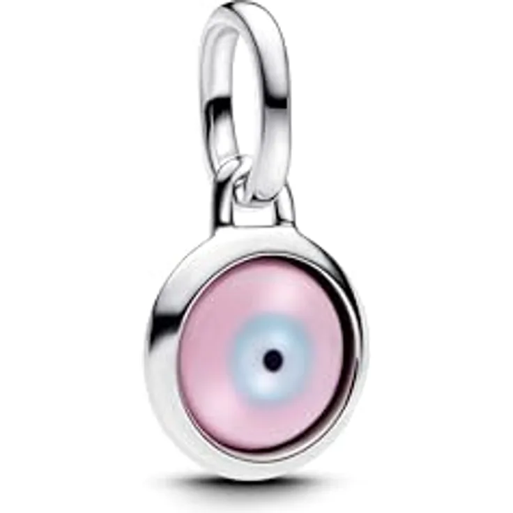 PANDORA ME Gravierbarer Evil Eye Murano-Glas Mini-Charm-Anhänger aus Sterling Silber, rosafarbenes und türkises Design, kompatibel mit Moments, 793693C00