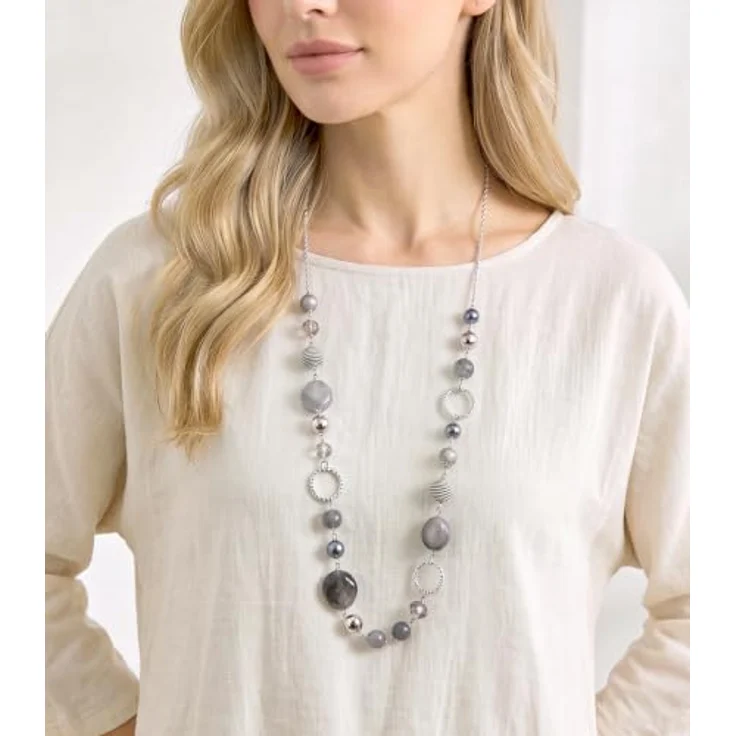 Bulinlin Lange Perlenkette für Damen, Boho Stahl mit Silber und Harzperlen, 35 Zoll + 3 Zoll Verlängerung, Grau, Modeschmuck für Hochzeitstag und Geschenke – Bild 5
