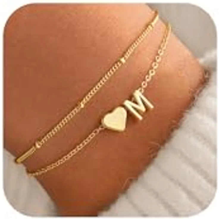 TINGN Herz Buchstaben Armband Damen, 14K Gold Vergoldet, Mehrlagiges Design mit verstellbarer Länge, Personalisiertes Geschenk für Jahrestag, Valentinstag, Geburtstag – Bild 1