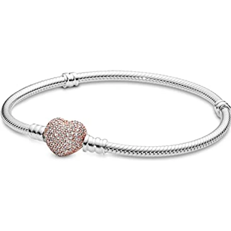 PANDORA Pavé-Herz-Verschluss Schlangen-Gliederarmband, Sterling-Silber mit 14 Karat rosévergoldeter Metalllegierung und Cubic Zirkonia, 18cm, Moments Collection
