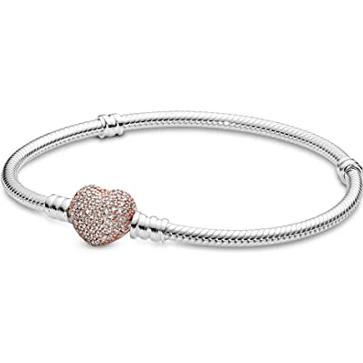 PANDORA Pavé-Herz-Verschluss Schlangen-Gliederarmband, Sterling-Silber mit 14 Karat rosévergoldeter Metalllegierung und Cubic Zirkonia, 18cm, Moments Collection – Bild 1