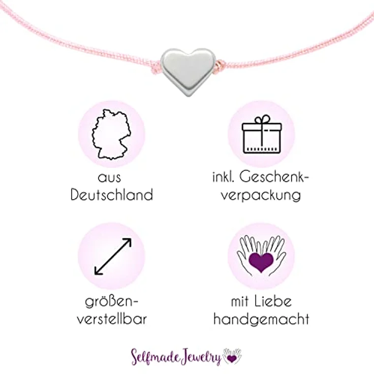 Selfmade Jewelry Armband Damen Herz Silber, Handmade Makramee Armbändchen mit Größenverstellung und Geschenkverpackung (Silber - Rosa) – Bild 2