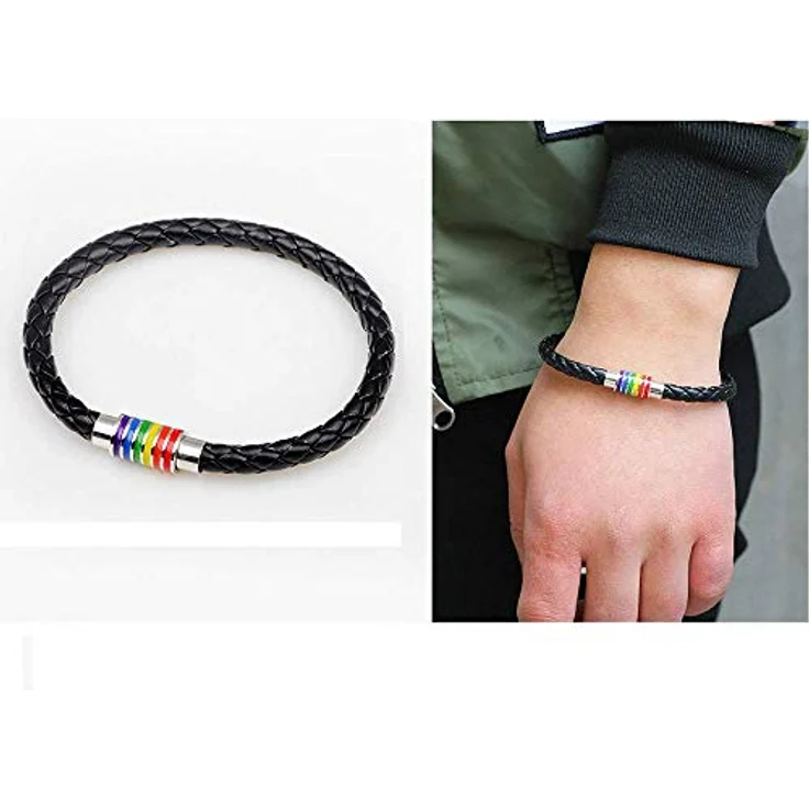 PHOGARY Gay Pride Armband, 2er Set Regenbogenarmband aus schwarzem Leder mit Edelstahl Magnetverschluss, 22 cm – Bild 5