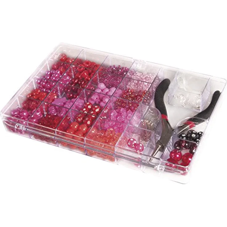 Rayher Perlen-Box 14797264, Kunststoffperlen in Rosé-/Pink-/Rottönen, 180 g, inklusive Zange und Schmuckzubehör, 20 x 13,5 cm – Bild 2