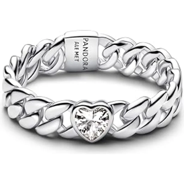 PANDORA Timeless Herz Cuban-Kette Ring aus Sterling Silber mit Zirkonia, Größe: 56, Handgefertigt, 194386C01-56