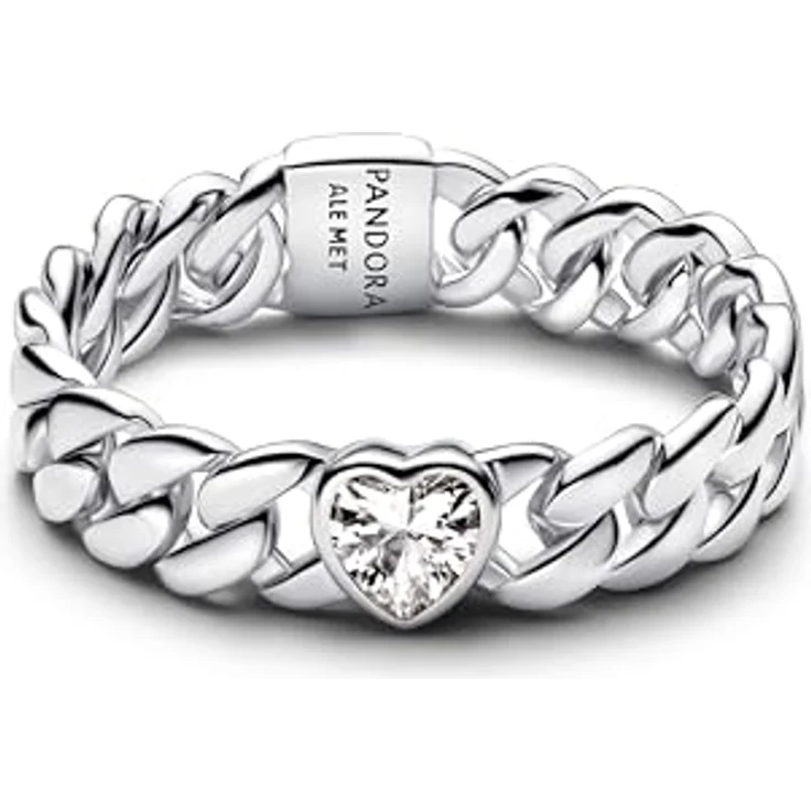 PANDORA Timeless Herz Cuban-Kette Ring aus Sterling Silber mit Zirkonia, Größe: 56, Handgefertigt, 194386C01-56 – Bild 1