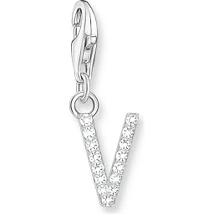 THOMAS SABO Charm-Anhänger Buchstabe V, 925 Sterlingsilber mit weißen Steinen, Charm Club Anhänger mit Karabinerhaken