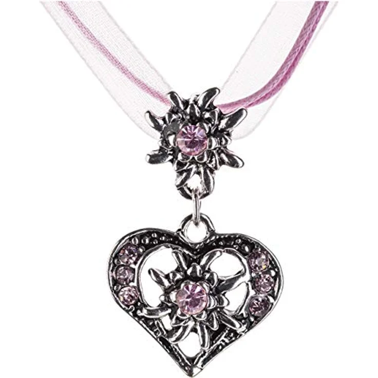 Schöneberger Trachten Couture Trachtenkette elegantes Herz mit Strass und Edelweiss Anhänger, Damen-Halskette für Dirndl und Lederhose in Rosa – Bild 1