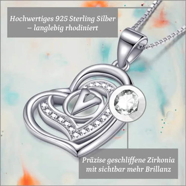 Morella Damen Halskette Herz Buchstabe V, 925 Silber rhodiniert mit weißen Zirkoniasteinen, 46 cm – Bild 2