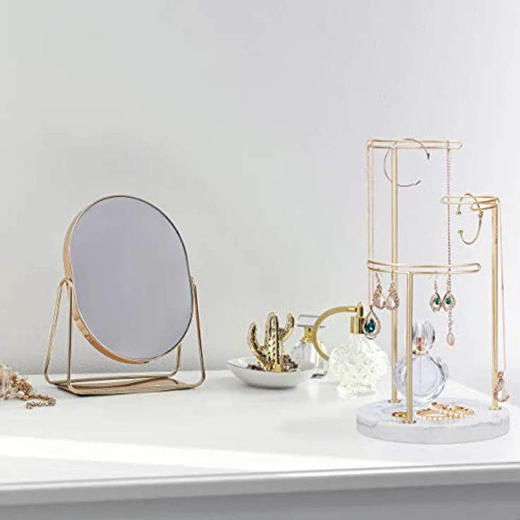 Relaxdays Schmuckständer, Marmor Ablage mit 3 Metall Stangen für Ketten, Ohrringe und Armbänder, 35x18 cm, gold – Bild 2