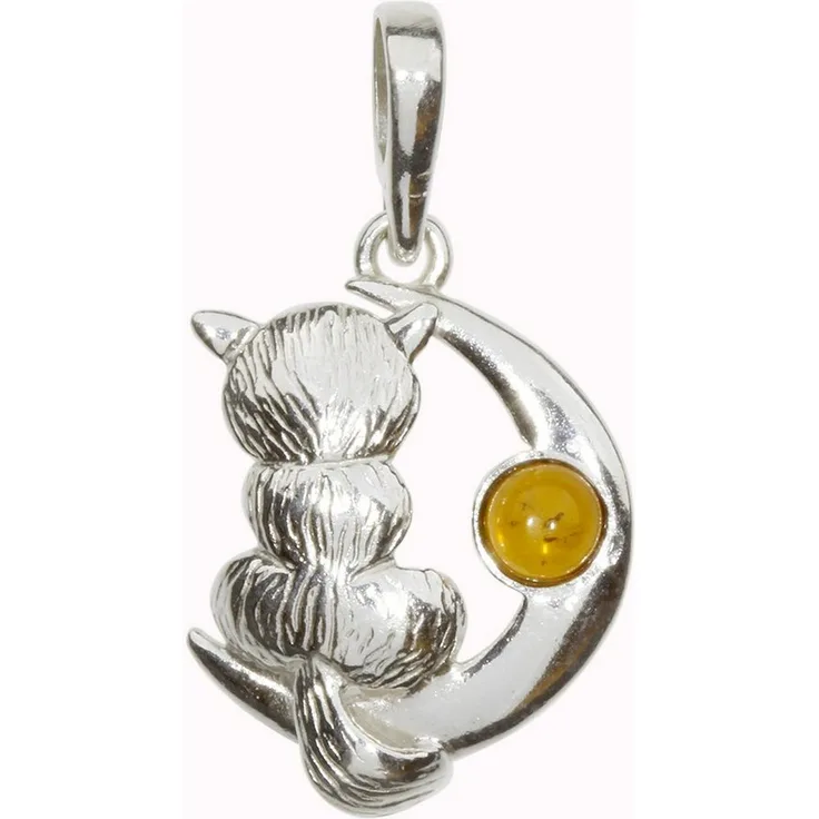 OSTSEE-SCHMUCK Kettenanhänger Katze und Mond, Sterlingsilber 925 mit cognacfarbenem Bernstein