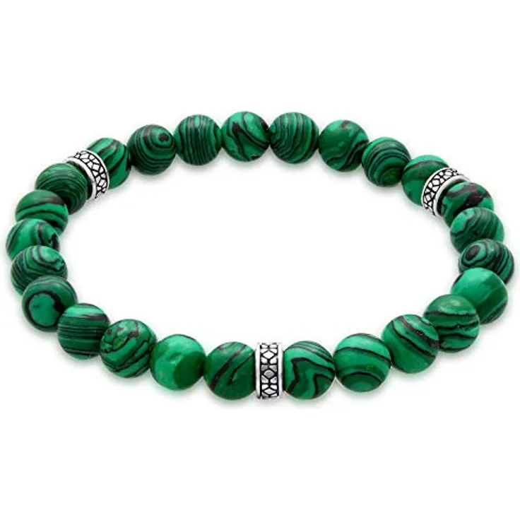 Kuzzoi Buddha Herren Armband, elastisches Yogaarmband mit grünen Malachit Edelstein Perlen und oxidierten 925 Sterling Silber Beads, Länge 19 cm