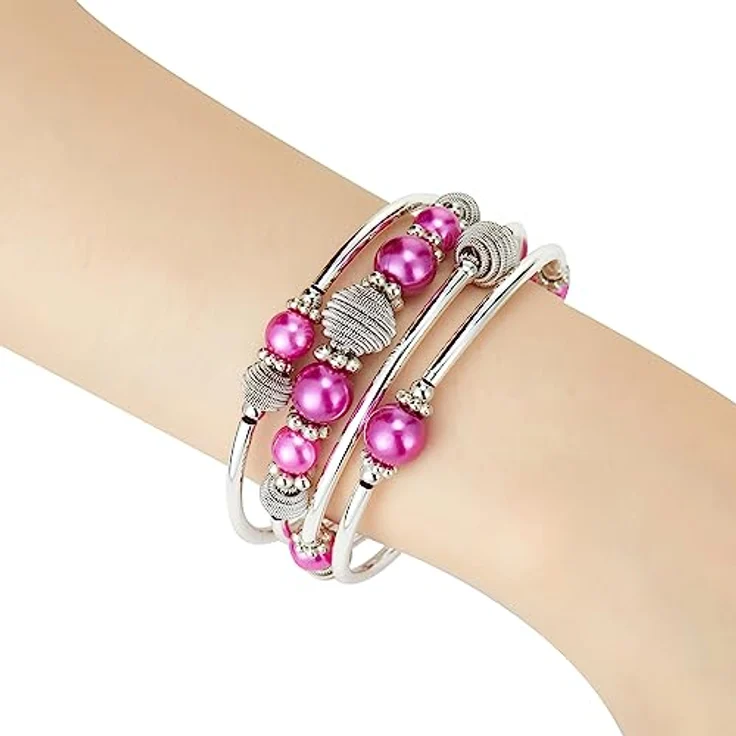 Bulinlin Wickelarmband mit Naturstein Perlen, Boho Mehrschichtig, Silber, Fuchsie, ideales Modegeschenk für Damen – Bild 2
