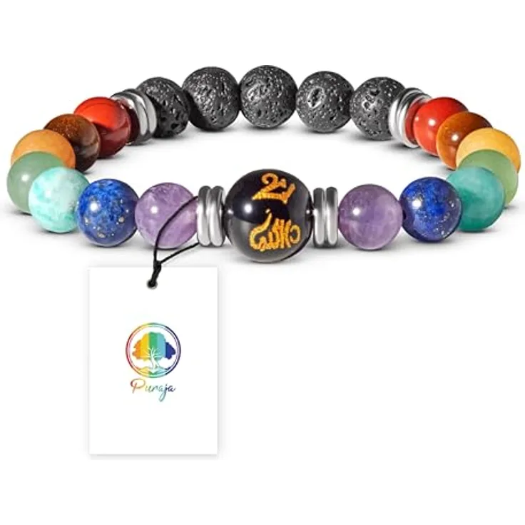 PURAJA Chakra Armband, 7 Chakra Edelsteinarmband aus echten Natursteinen mit Lavastein Perlen, 17,5 cm, für Harmonie & Balance