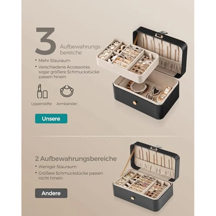 SONGMICS GISELLA Schmuckkästchen, tragbare Schmuckaufbewahrung mit 2 Ebenen, tintenschwarz, 11,6 x 16 x 7,5 cm, ideal für größere Accessoires – Bild 4