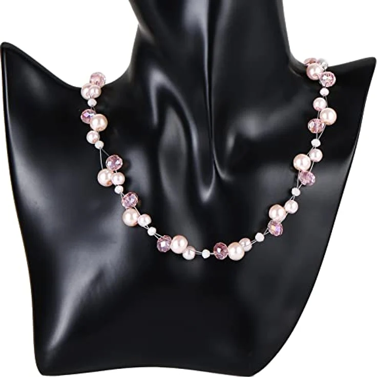 Bulinlin Damen Kristall Perlenkette, Silber Boho Statement Choker Halskette mit verlängerbarem Umfang, leicht rosa – Bild 2