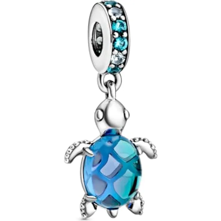 Pandora Charm-Einhänger Murano Glass Sea Turtle Dangle Charm, 925er Silber mit blauer Glasperle und bunten Schmuckkristallen