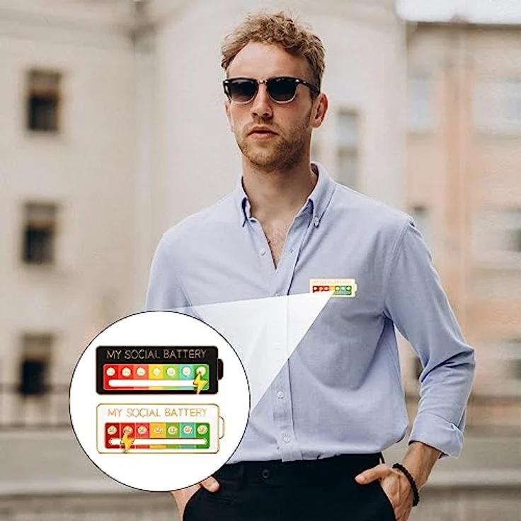 CAINCAY Social Battery Pin, 4 Stück Interaktive Stimmungsbroschen für Psychische Gesundheit, Weiß+Schwarz, 7 Ausdrücke zur Änderung der Stimmung – Bild 4