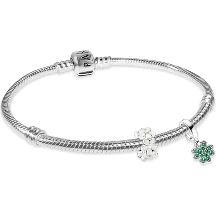 PANDORA Damenarmband Silber Starter-Set mit 2 Charms, vierblättriges Kleeblatt und Gänseblümchen, 20 cm, 925 Sterlingsilber – Bild 1