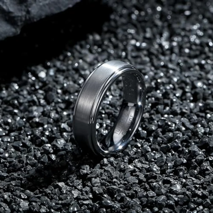 083BASE Wolframkarbid Ring – Silber und Schwarz, 6mm/8mm Breite, Gebürstetes Design, Unisex Verlobungsring oder Partnerring – Bild 2