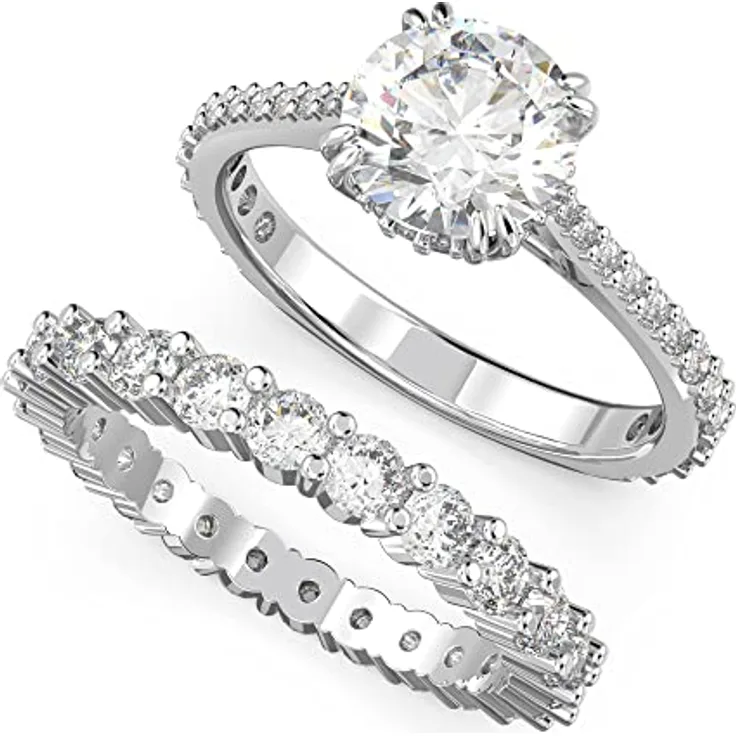 Swarovski Stilla Set, Rhodinierte Damenringe mit Swarovski Kristallen im Princess-Schliff, Weiß