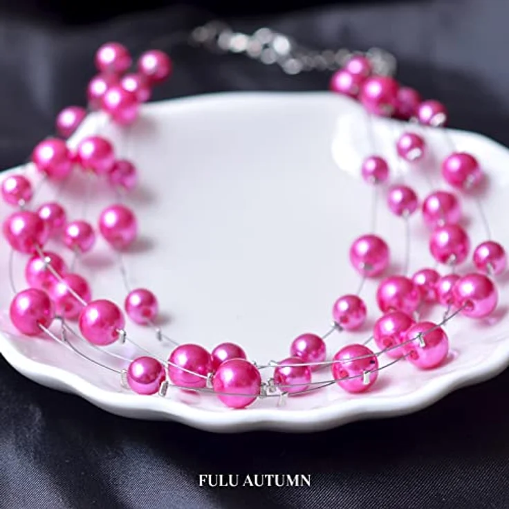 FULU AUTUMN Boho Perlenkette Damen, Mehrreihige Silber Statement Kette, 17 Zoll mit 2.7 Zoll Verlängerung, Hot Pink – Bild 5