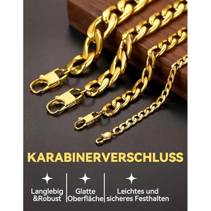 ChainsHouse Goldene Edelstahl Halskette Herren, 9mm Kubanische Panzerkette, 55cm, antiallergen, 18k vergoldet – Bild 4