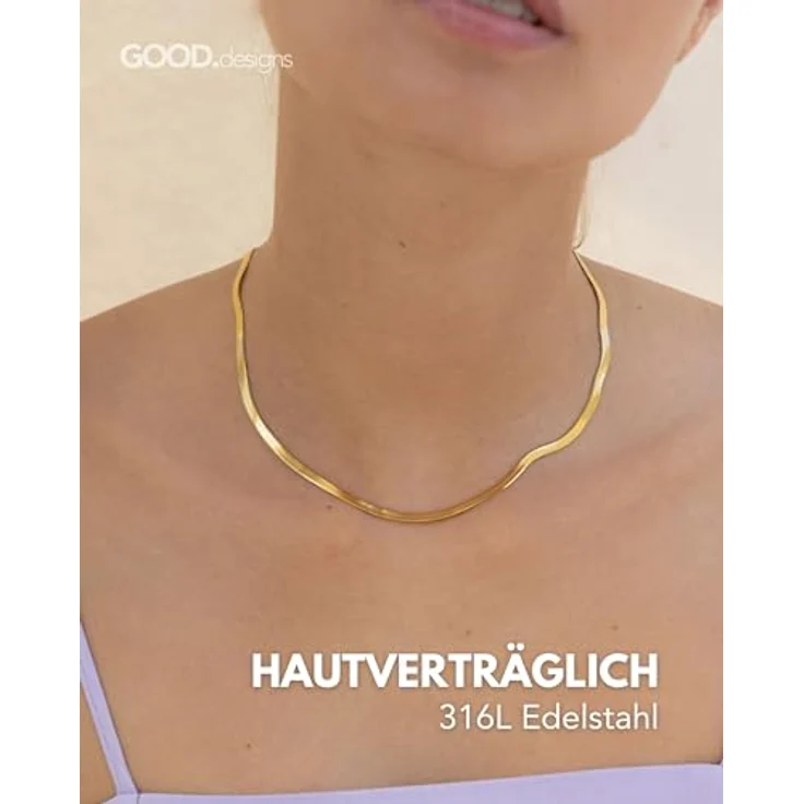 GD GOOD.designs Schlangenkette Gold, Flache Edelstahlschmuck für Damen, Wasserfest, 3mm breit, individuell verstellbar von 38 bis 45 cm – Bild 2