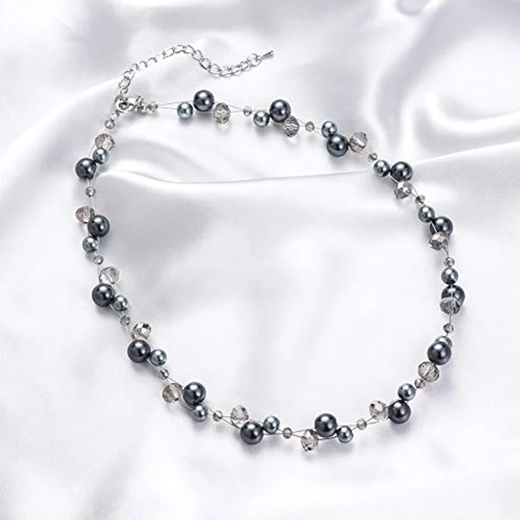 Bulinlin Damen Kristall Perlenkette Silber Boho Statement Choker Halskette, 17-Zoll plus 3-Zoll Verlängerung, grau – Bild 3
