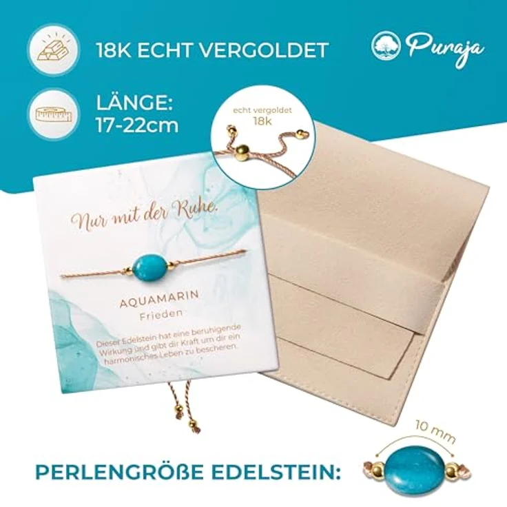 PURAJA Edelstein Armband Damen Aquamarin, handgemacht mit 18k echt vergoldeten Edelstahl Perlen, verstellbar bis 23cm, Glücksarmband für inneren Frieden und Selbstbewusstsein – Bild 5