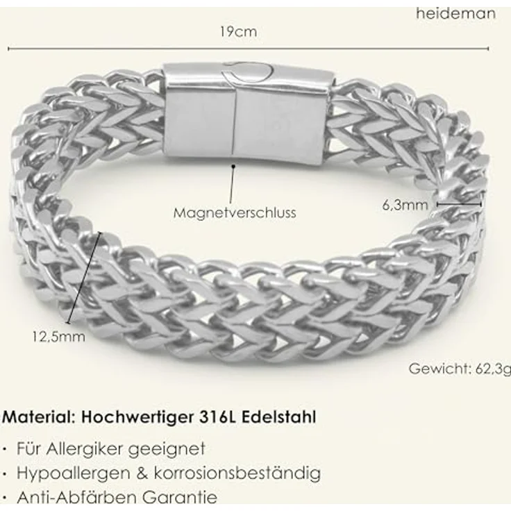 Heideman Panzer Armband Tra, Silberfarbenes Edelstahl-Gliederarmband für Damen, mehrreihig mit Magnetverschluss, hypoallergen und pflegeleicht – Bild 5