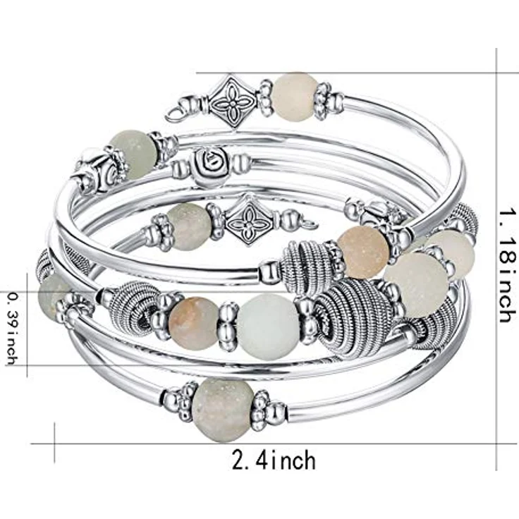 Bulinlin Silber Wickelarmband mit Naturstein Perlen, Boho Mehrschichtiges Damenarmband in Grün, Geburtstagsmodegeschenk für Frauen – Bild 3
