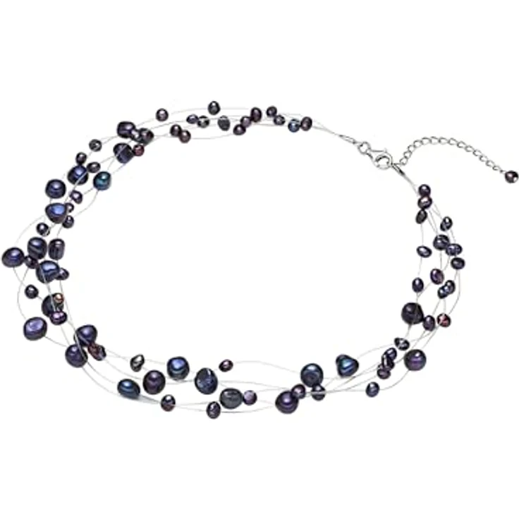 Valero Pearls Damen-Kette Süßwasser-Zuchtperlen Barock blau, 4-6 mm, 925 Sterling Silber, 43 cm + 5 cm Verlängerung, mehrreihiges Design – Bild 3