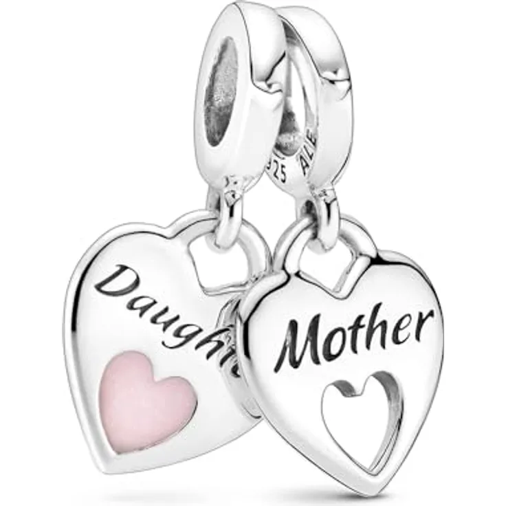 PANDORA Doppeltes Herz Charm-Anhänger, Sterling-Silber mit Gravuren „In my heart“ und „Mother“, Emaille-Herz mit „Daughter“ und „Forever“