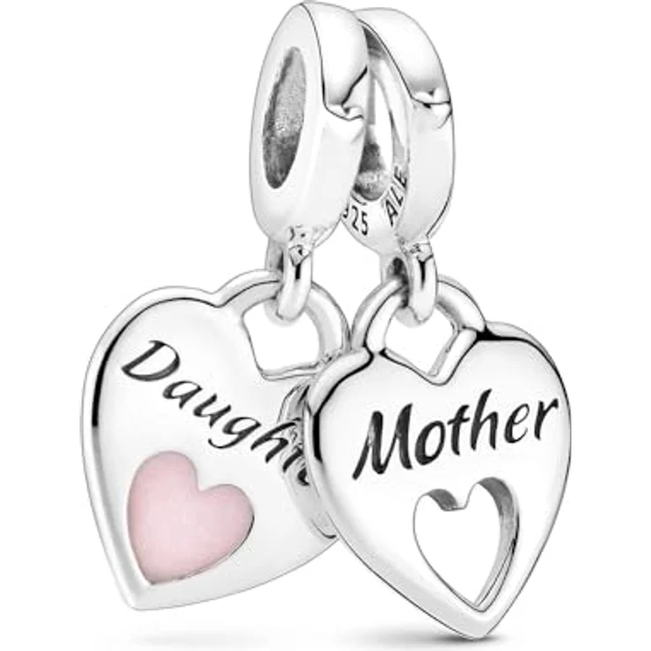 PANDORA Doppeltes Herz Charm-Anhänger, Sterling-Silber mit Gravuren „In my heart“ und „Mother“, Emaille-Herz mit „Daughter“ und „Forever“ – Bild 1